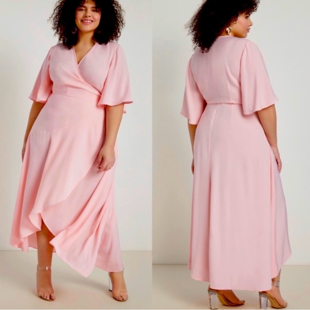 Elegant Eloquii brand flare sleeve plus size Pink Wrap Dress